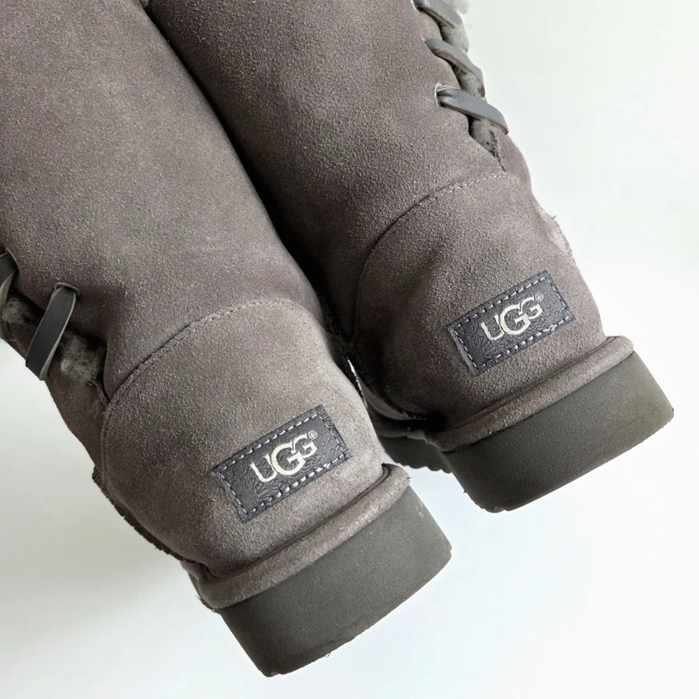 UGG Constantine Low Calf Shearling  & Leather Boots W/ Laced Side, Gray, Size 9